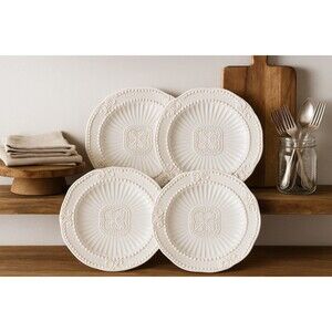 American Atelier Baroque White Beaded Salad Plates 8” Set of 4 Farmhouse Dinner